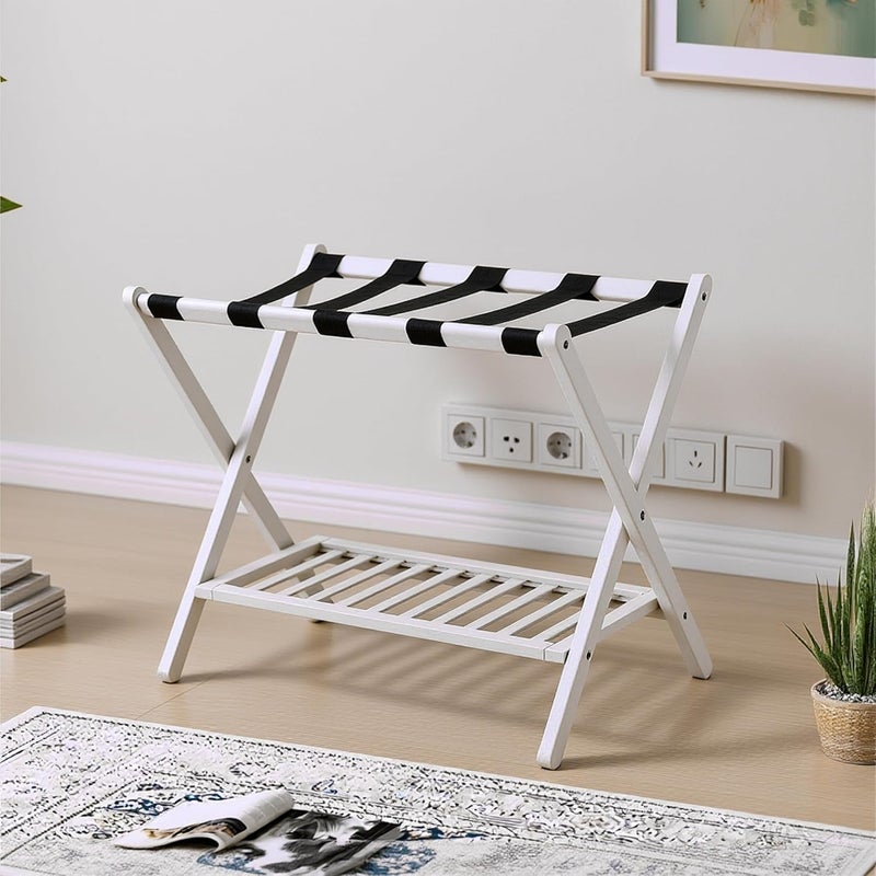 GAOHAPY Bamboo Luggage Rack with Shoe Shelf Folding Suitcase Stand with 5 Heavy-Duty Straps for Guest Room Living Room Hotel Ideal Luggage Holder for Suitcases Bags Shoes,White - Image 1